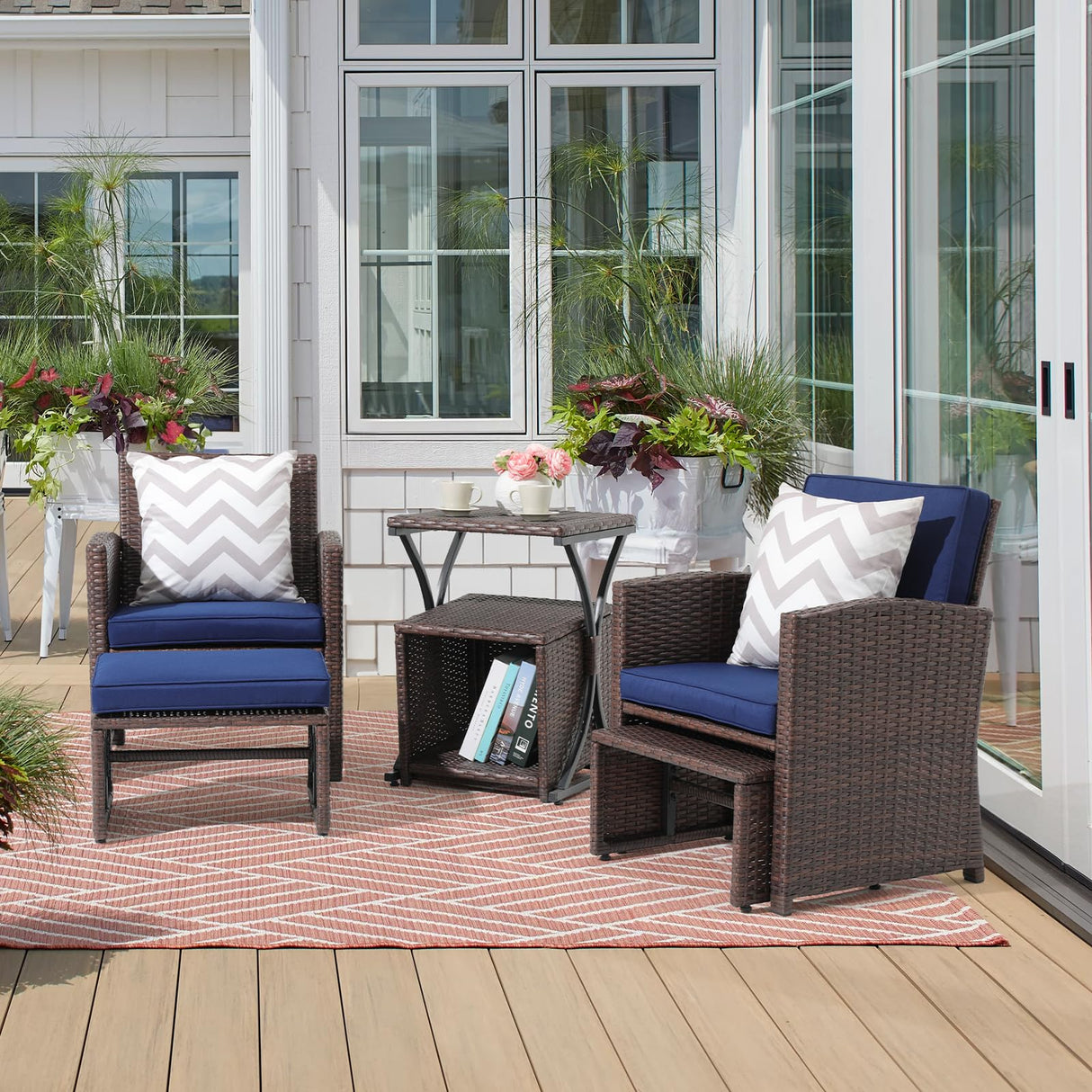 OC Orange-Casual 6 Piece Patio Wicker Furniture Set, Balcony All Weather Rattan Chair, with Space Saving Ottoman, Resin Nesting Coffee Table, Modern Design, Blue OC Orange-Casual