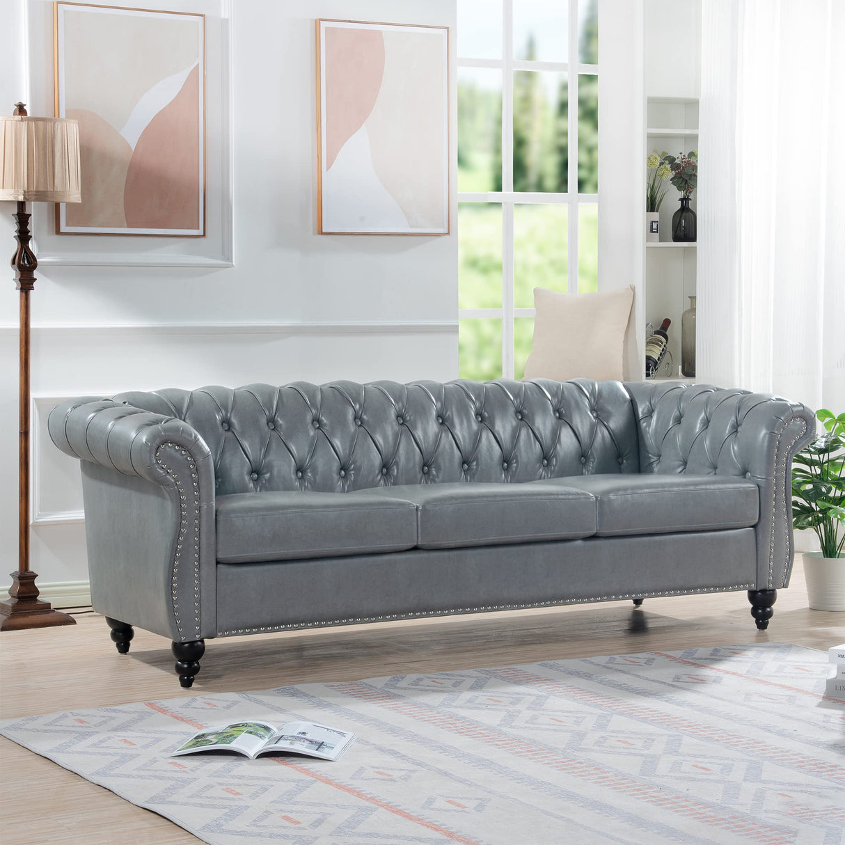 Ball & Cast 84" Chesterfield Leather Sofa with Channel Tufted Seat Back,Classic 3 Seater Couch w/Roll Arm Nailhead Trim and Upholstered,Mid Century Furniture for Living Room,Bedroom,Office,Grey PU Ball & Cast