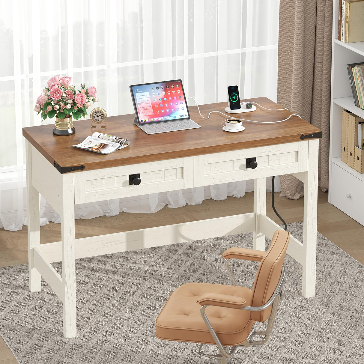 YOMILUVE Farmhouse Computer Desk with 2 Drawers, 39 Inch Small Office Computer Desk with Power Outlets, Compact Writing Study Desk for Small Spaces, Antique White YOMILUVE