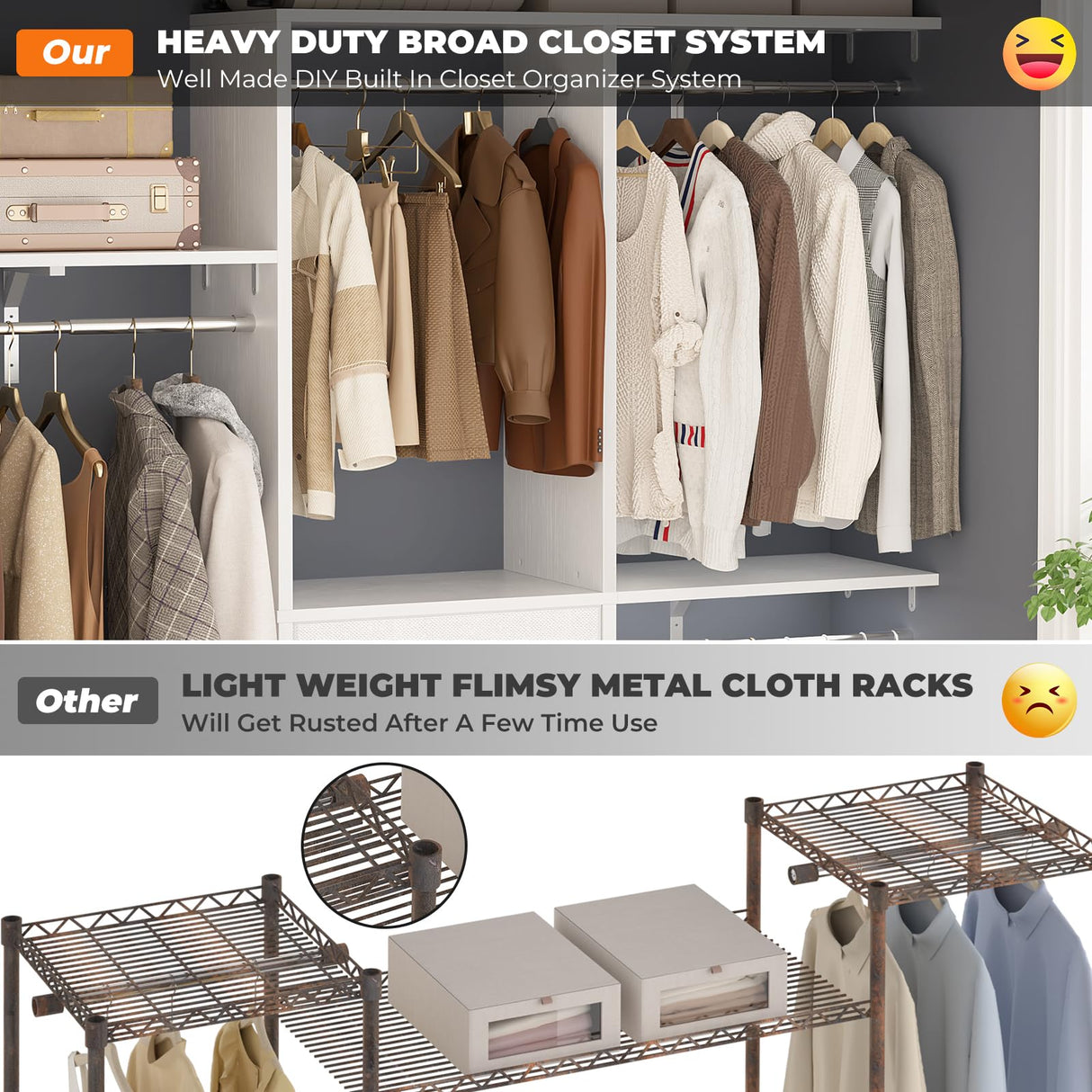 Armocity 5FT Small Closet System with 3 Fabric Drawers, 60 Inches Walk In Closet Organizer System With 3 Adjustable Shelves, Heavy Duty Clothes Rack Built-In Garment Rack, 59" L x 16" W x 71" H, White armocity