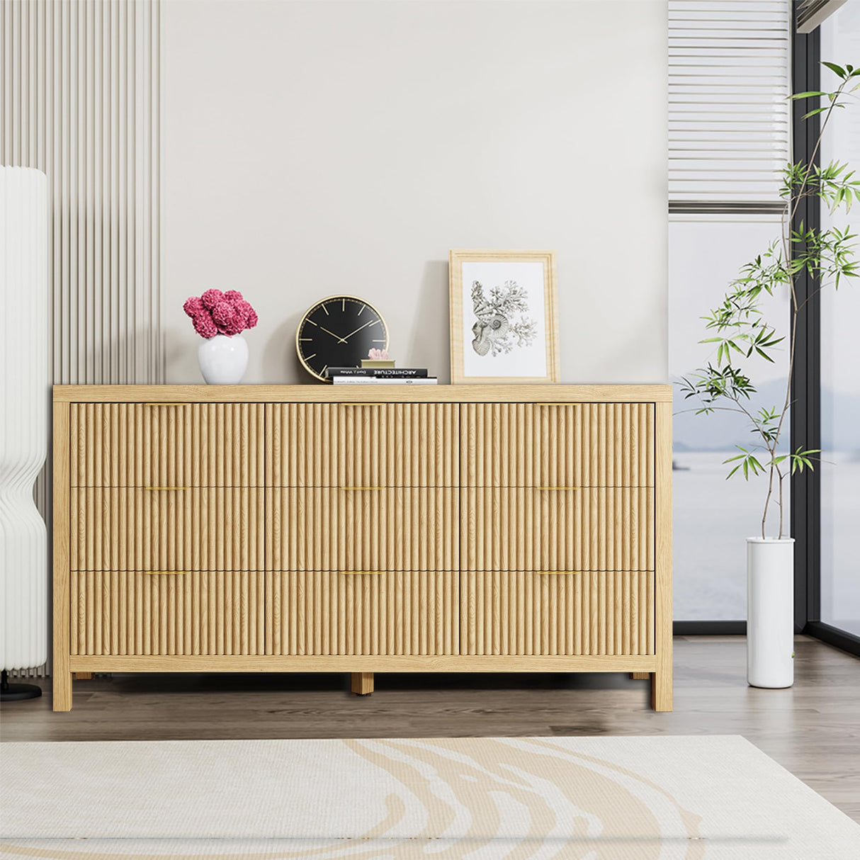 JZXSHD 9 Drawers, Modern Large Chest Mid Century Modern Dresser TV Stand, Storage Organizer Dresser with Solid Natural Wood Legs for Bedroom, Living Room, Hallway, Natural Oak JZXSHD