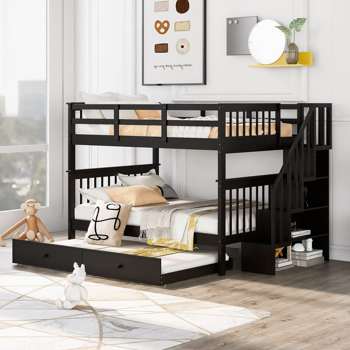 Harper & Bright Designs Full Over Full Bunk Bed with Trundle & Stairs, Wooden Full Size Bunk Bed Frame with Storage,for Kids Teens Adults(Espresso,Full Over Full) Harper & Bright Designs