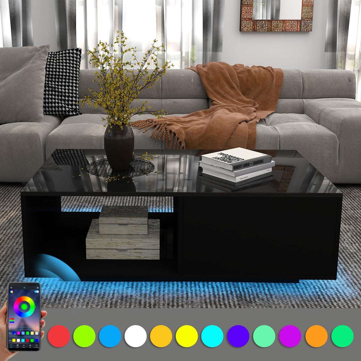 LED Black Coffee Table for Living Room with Drawer & 16 Colors Lights, 43.3IN High Gloss Modern Coffee Table with Storage Space, Rectangle Side Central Table COSVALVE