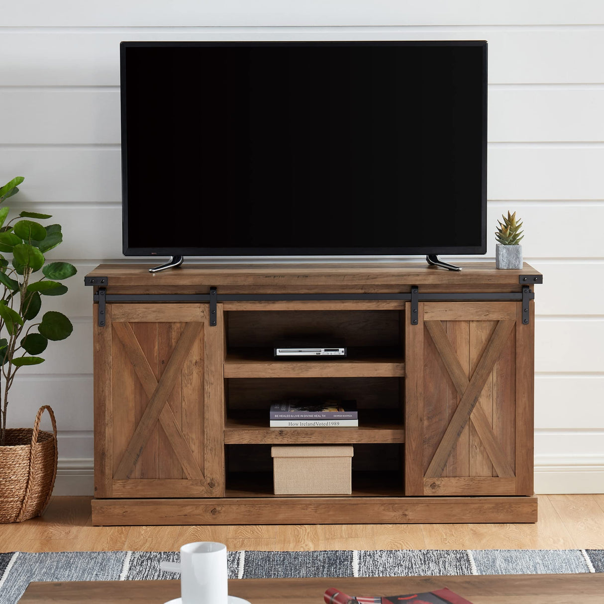 EDYO LIVING Farmhouse TV Stand for 60 Inch TV, Wood TV Stand with Sliding Barn Door, Entertainment Center with Storage Cabinet, Rustic Media Console for Living Room Bedroom, Rustic Oak EDYO LIVING