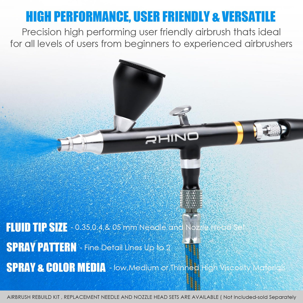 Rhinowisdom Airbrush Kit - Airbrush Gun Set Dual-Action Gravity Feed with 0.35, 0.4 & 0.5mm Needle Sets - Air Brush Set with 2 1/3 oz Replacement Cups for Nails Model Painting Cake Tattoo Makeup rhinowisdom