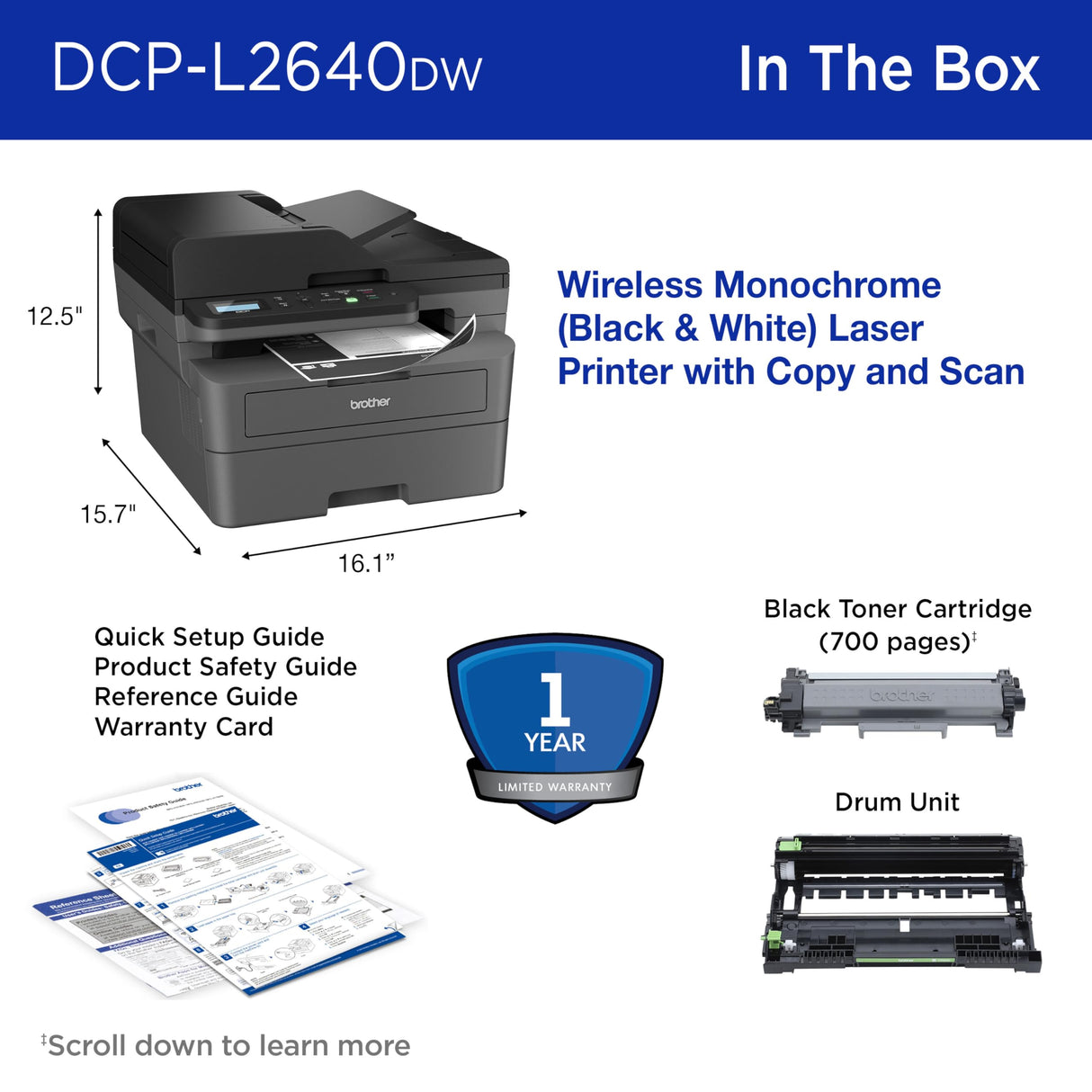 Brother DCP-L2640DW Wireless Compact Monochrome Multi-Function Laser Printer with Copy and Scan, Duplex, Black & White Output | Includes Refresh Subscription Trial(1), (Renewed Premium) Brother