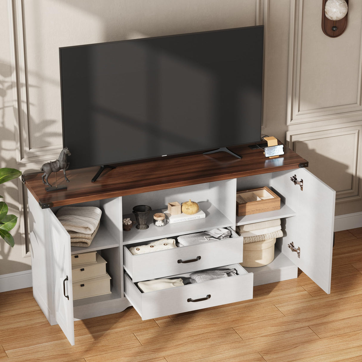 Maupvit Farmhouse TV Stand for 65 Inch TV, Television Stands with Drawers, TV Console with Storage, 58.3" TV Cabinets,Modern Entertainment Center for Living Room Bedroom,White Maupvit