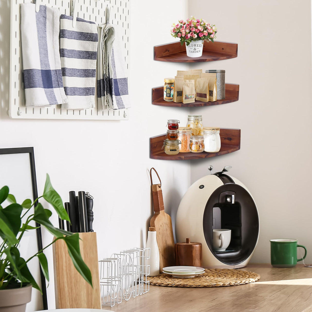 Demigo Corner Shelf Wall Mount Set of 3, Solid Acacia Wood Floating Corner Shelves for Storage and Display, Hanging Wood Shelves for Bedroom, Kitchen, Living Room, Bathroom (Dark Brown) Demigo