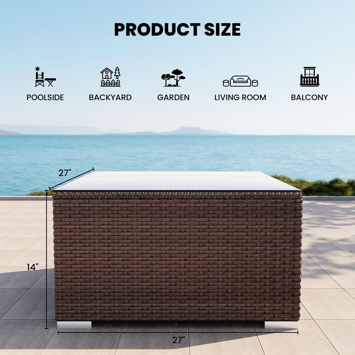 COSIEST Outdoor Furniture Brown Wicker Glass-Top Coffee Table for Expanding Sectional Sofa Set for Garden, Pool, Backyard COSIEST