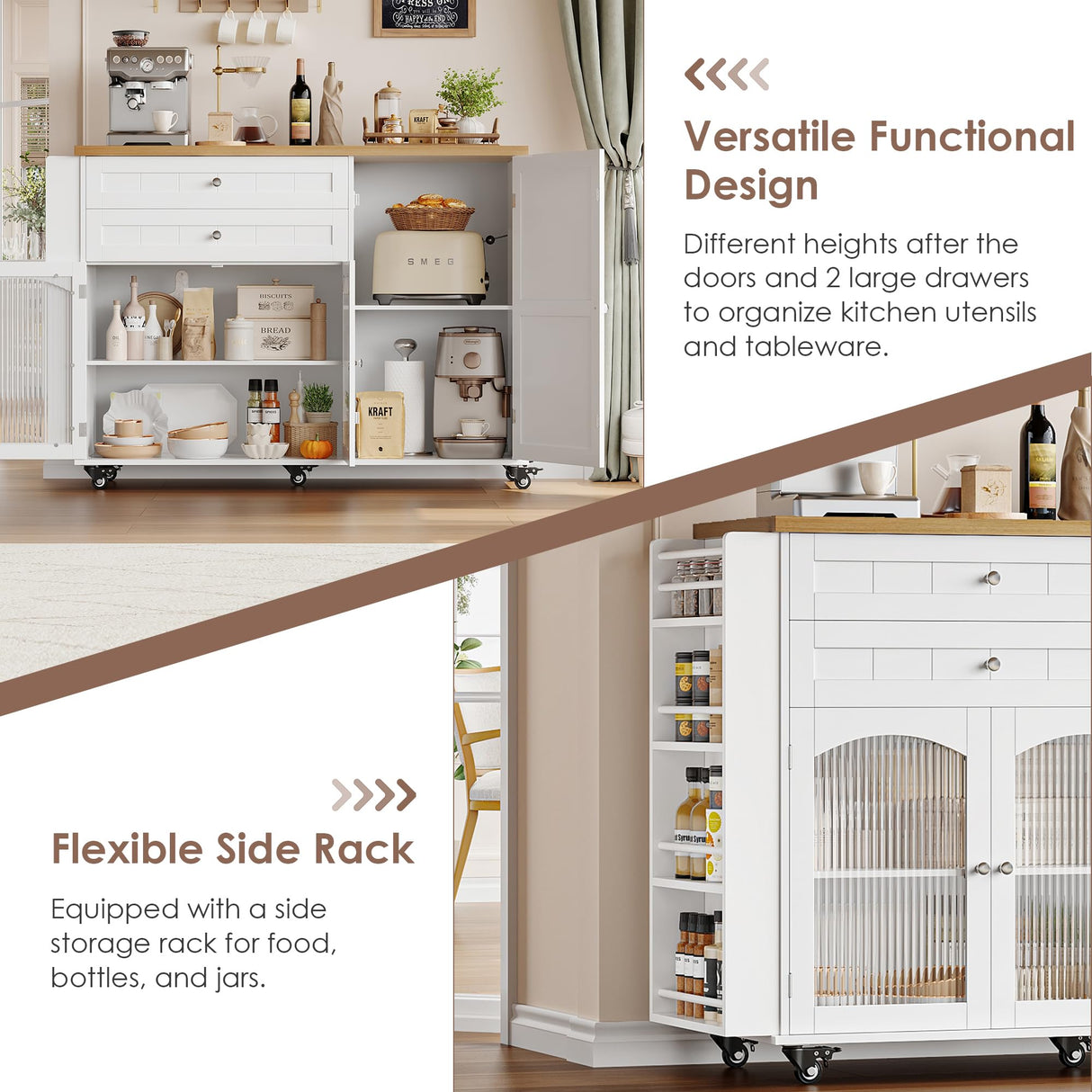 FINETONES Kitchen Island with Storage, Rolling Kitchen Island on Wheels with Wood Drop Leaf Countertop, Island Table Bar Cart with Spice Towel Rack Portable Kitchen Table Kitchen Carts on Wheels FINETONES