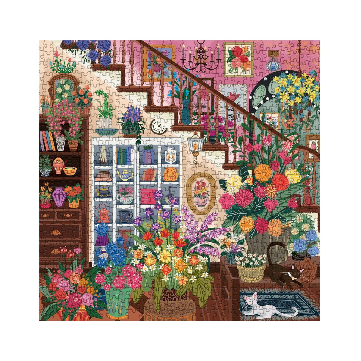 Flower Plant Puzzles 1000 Piece for Adults, Colorful Aesthetic Floral Art Jigsaw Puzzles, Cute Pretty Housepant Succulent Teacup Cat Puzzle BBOLDIN