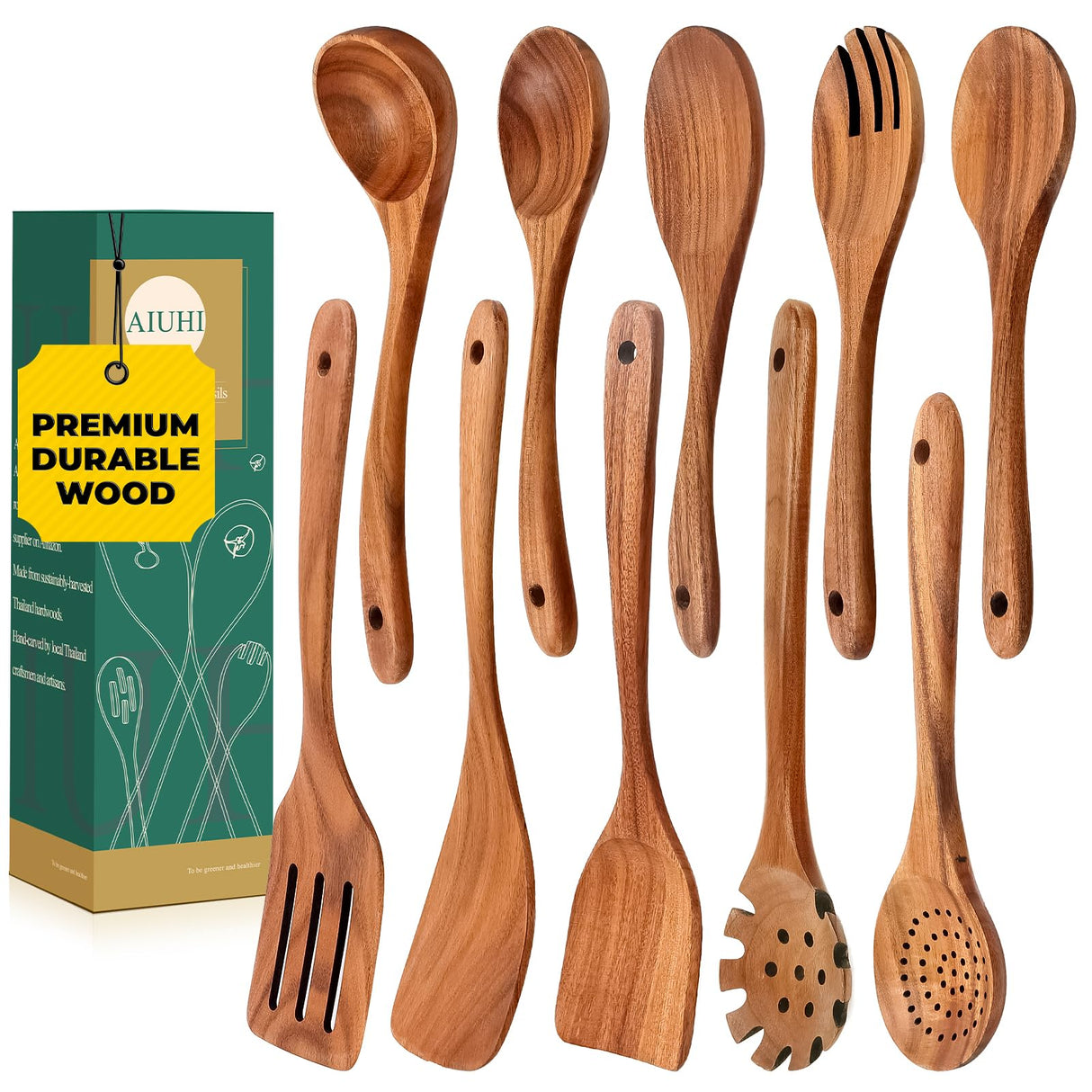 AIUHI Wooden Kitchen Utensils Set, Smooth Finish Wooden Spoons for Cooking, Teak Wood Cooking Utensils Set for Kitchen Essential Tools AIUHI