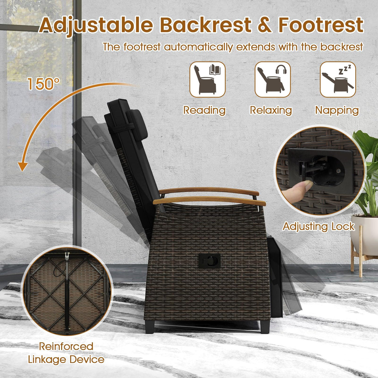 HAPPYGRILL Outdoor Rattan Wicker Chaise Lounge Recliner Chair with Adjustable Backrest & Footrest, Push Back Outside Seat w/Cushion & Flip Table for Backyard, Porch, Balcony (Black,1) HAPPYGRILL