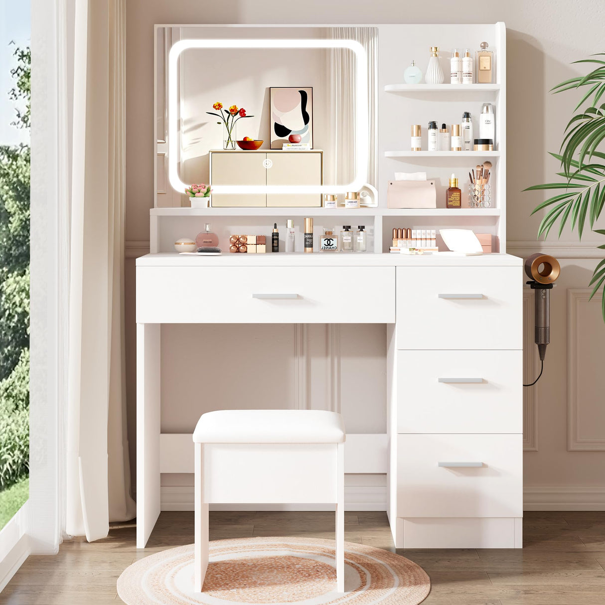 LIVELYGLOW Makeup Vanity Desk Set, 35.4“Wx15.7”Dx53.9“H, White (Smart LED Mirror, with Cushion Stool, Hairdryer Rack, Power-Outlet, 4 Drawers, Open Shelves) LIVELYGLOW