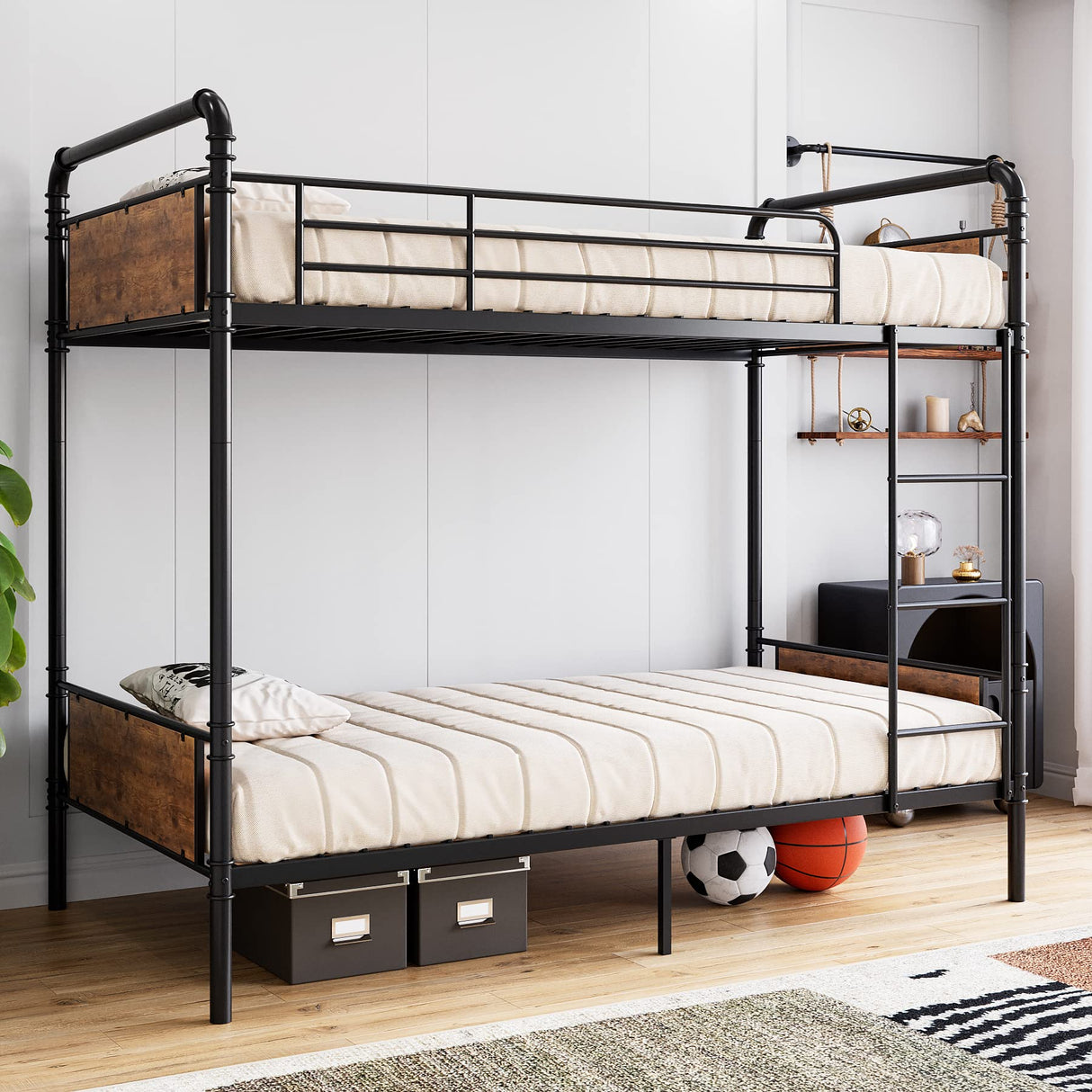 GarveeHome Metal Bunk Bed Twin Over Twin for Kids, Heavy Duty Twin Size Convertible Bunk Bed with Guardrail & Ladders, Noise Free, No Box Spring Needed, Black GarveeHome