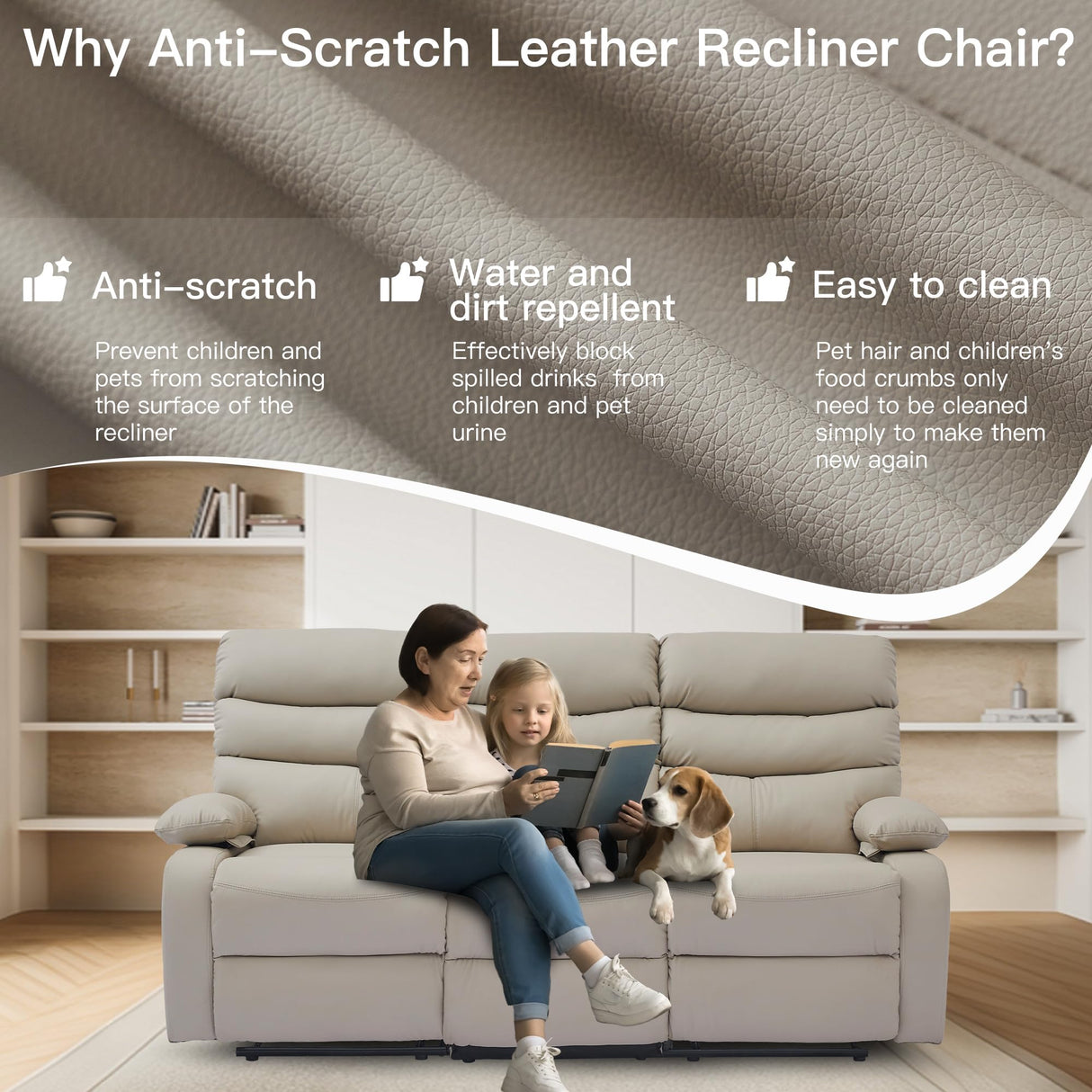 GNMLP2020 Loveseat Recliner Sofa Set, Small Leather Couch 3-Seater Manual Seater Reclining, Triple Recliner Chair for Living Room, RV, Home Theater Seating(Beige, 3 Seater Sofa) GNMLP2020