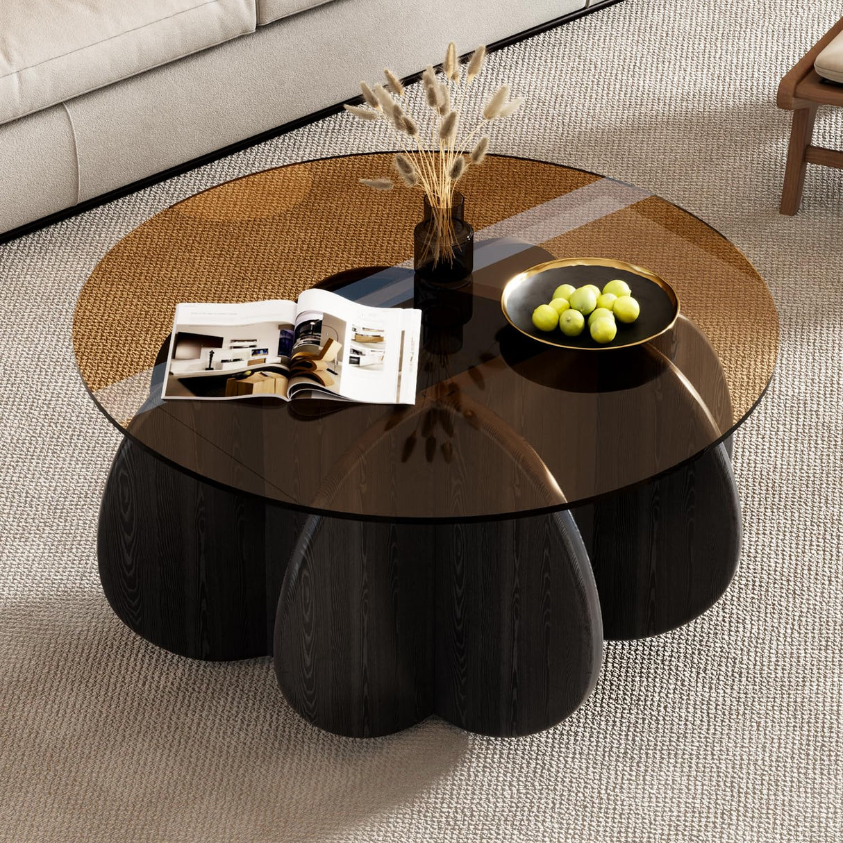 Round Coffee Table, Mid Century Modern Design, 31.5'' Modern Round Tempered Glass Coffee Tables for Living Room, Cocktail Table for Small Space Home Office. (Black + Brown) Yaruifnt
