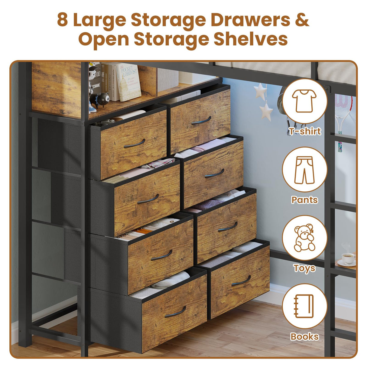 BTHFST Twin Loft Bed with Desk & 8 Drawers Tall Dresser, Metal Loft Bed with LED Lights & Charging Station, 2-Tier Storage Shelves, Stable & Sturdy, Noise Free, Rustic Brown and Black BTHFST