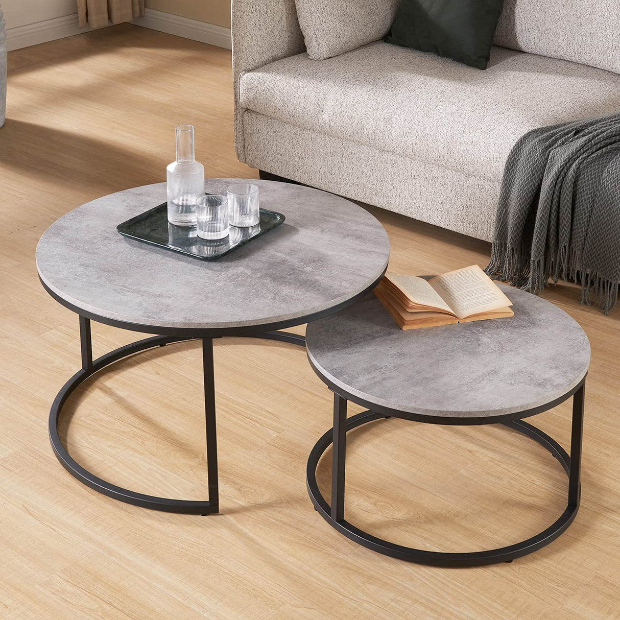 CENSI Round Nesting Coffee Table Set of 2, 31.5" Modern Industrial Center Tables for Living Room, Grey Marble Concrete Wood Finish with Black Metal Frame, Stacking Circle Accent Furniture CENSI