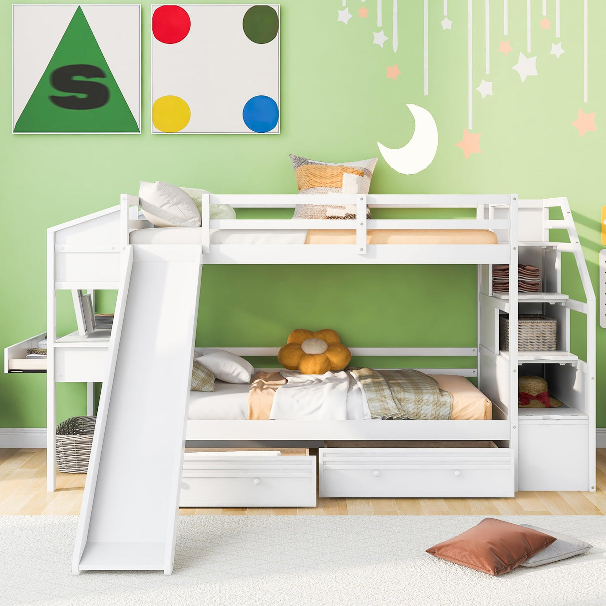 Harper & Bright Designs Bunk Bed with Stairs & Slide, Wood Twin Over Twin Bunk Bed with Desk and Shelves,Bunk Bed Twin Over Twin Size with Storage Drawers for Kids Teens Girls Boys, White Harper & Bright Designs