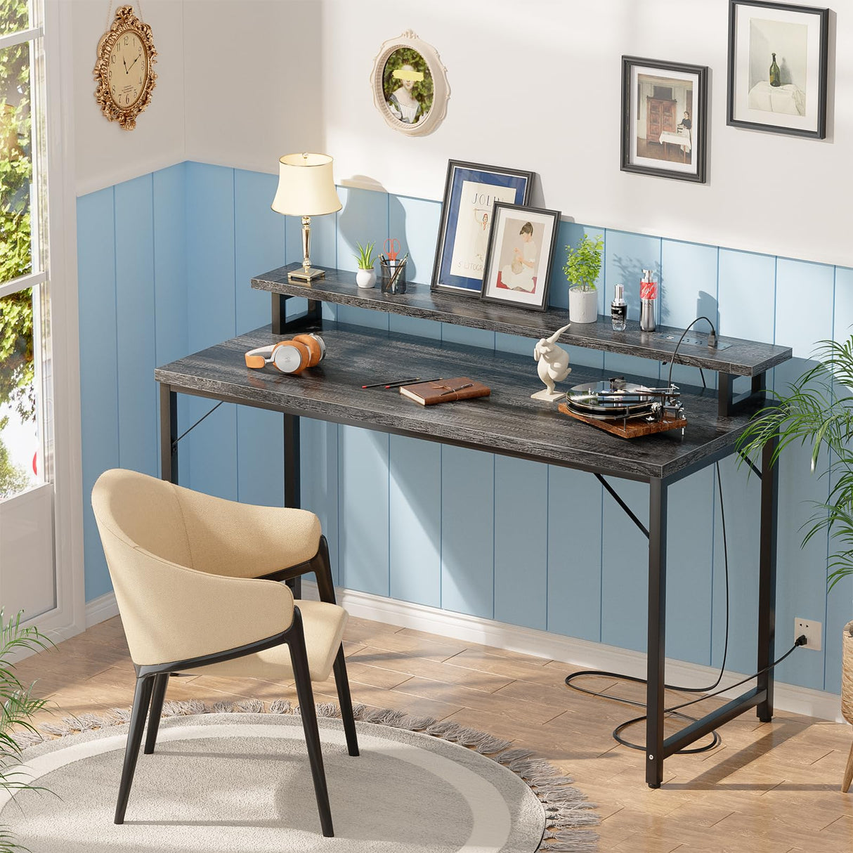 iSunirm 47 inch Computer Desk with Power Outlets, Gaming Desk with LED Lights, Home Office Work Desk with Monitor Shelf, Modern Office Desk Study Writing Table for Small Spaces, Black Oak iSunirm