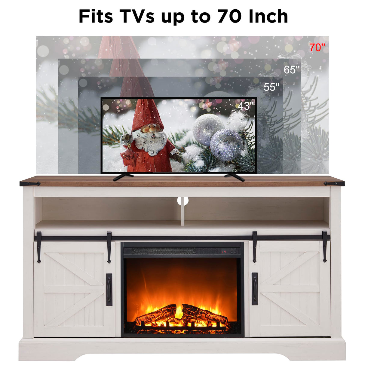 OKD Fireplace TV Stand for 65+ Inch TV, 33" Tall Highboy Farmhouse Entertainment Center w/ 23'' Electric Fireplace, Rustic Media Console w/Sliding Barn Door for Living Room, Antique White OKD