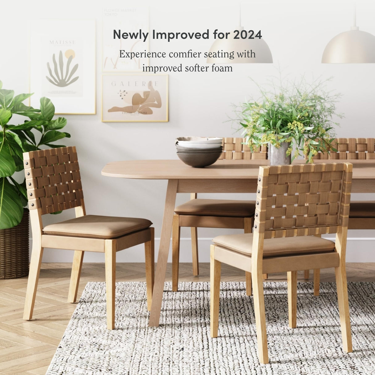 Nathan James Cohen Wood Dining Chair, Mid-Century Modern Upholstered Side Chair with Hand Woven Faux Leather Backrest, 20"D x 18"W x 33"H, Natural Brown Nathan James