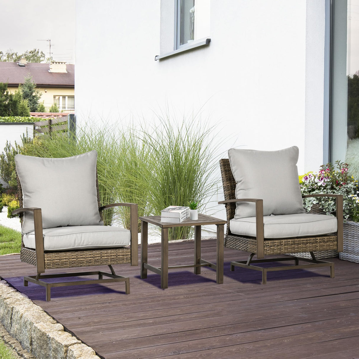 Outsunny 3-Piece Wicker Patio Furniture Set, Outdoor Rocking Chair Set with Bistro Coffee Table, PE Rattan Rocker Conversation Set with Cushions for Porch, Balcony, Yard, Poolside, Garden, Gray Outsunny