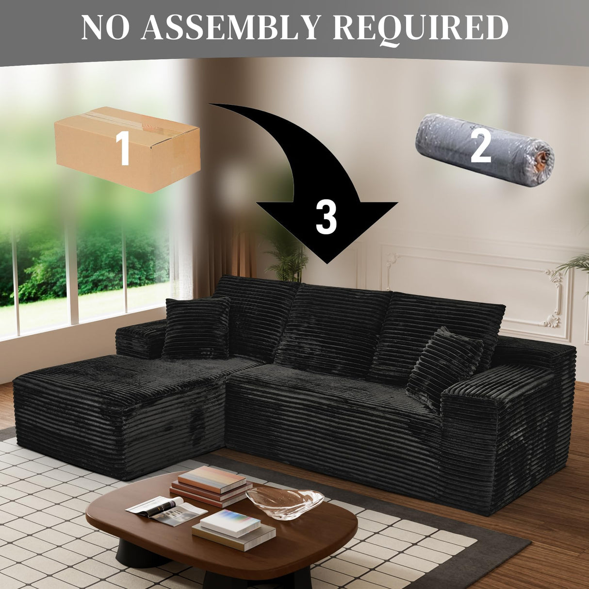 Modular Sectional Sofa Cloud Sectional Couch, 107" Comfy Fluffy L Shaped Black Couches for Living Room, Deep Seat Memory Foam Plush Corduroy Boneless Couch Sectionals with Left Facing Chaise Sofa HYJT-H&K