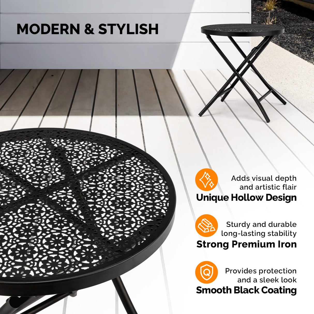 VINGLI Outdoor Folding Side Table with Chic Hollow Pattern and Durable, Rust-Resistant Black-Coated Iron Patio Bistro Table Suitable for Indoor & Outdoor Porch, Deck, Balcony and Pool VINGLI