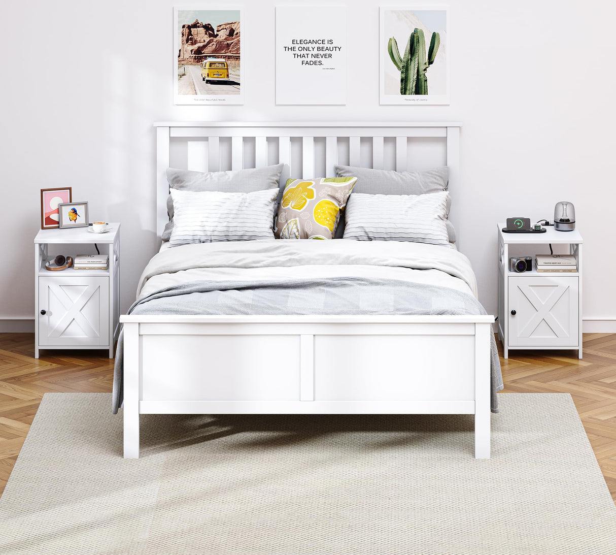 OtterOasis Farmhouse Nightstand with Charging Station and Barn Door, Bedside Table with Open Compartment and Storage, Side End Table for Bedroom, White OtterOasis