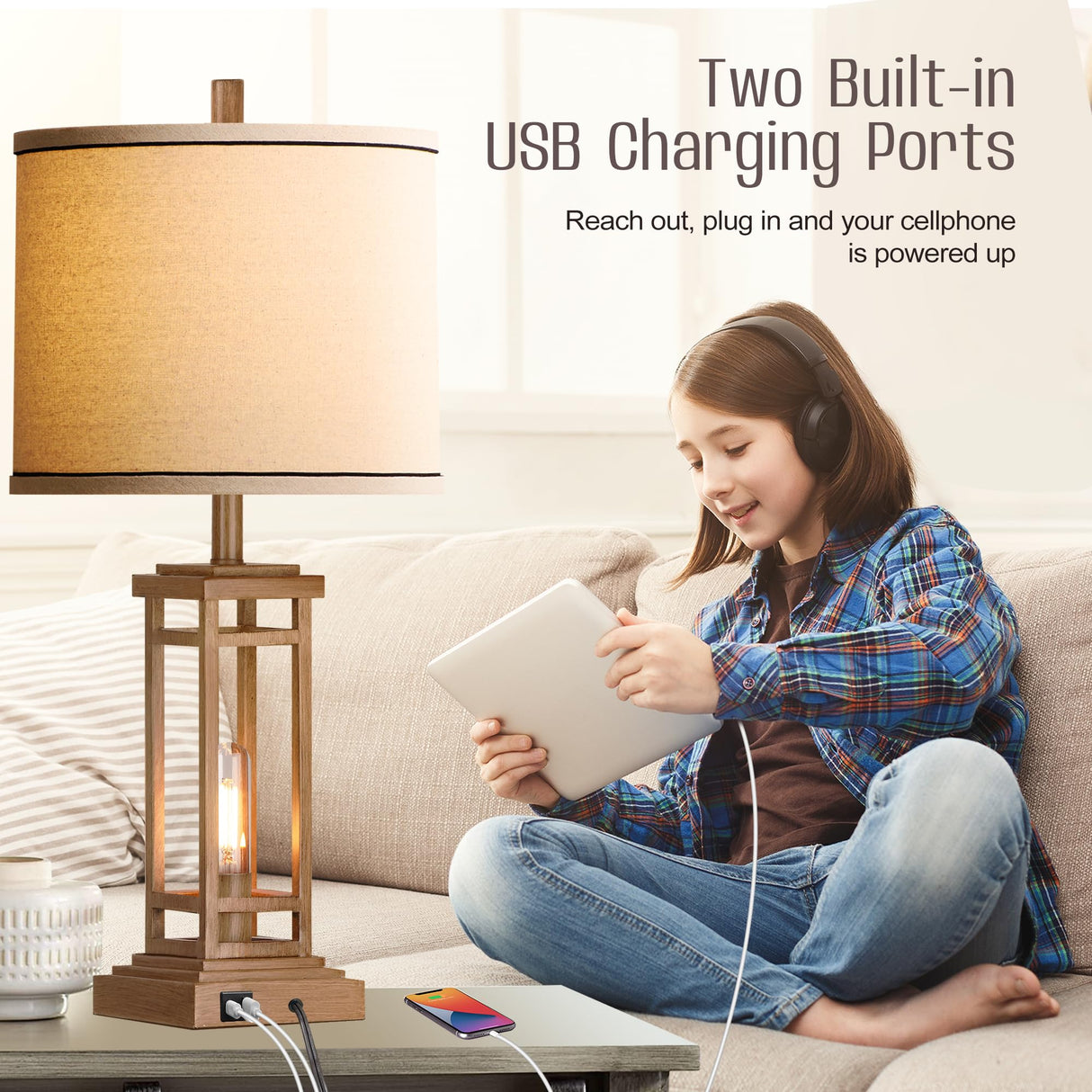 ROTTOGOON 27.5 Tall Farmhouse Table Lamps with USB C + USB A Charge Ports, Rustic Living Room Lamps Set of 2, Black Industrial End Table Lamp for Bedroom Living Room Nightstand (Wood) ROTTOGOON