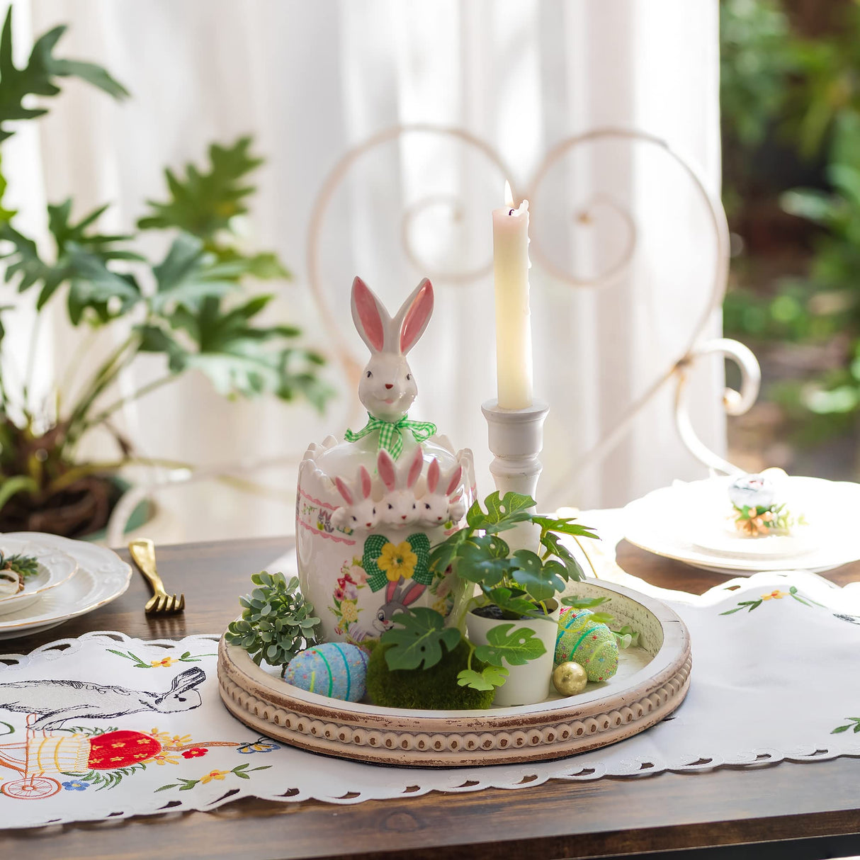 Hanobe Decorative Serving Tray Wood: White Washed Bead Round Tray Decor for Coffee Table Rustic Wooden Trays Farmhouse Centerpiece for Living Room Kitchen Counter Hanobe