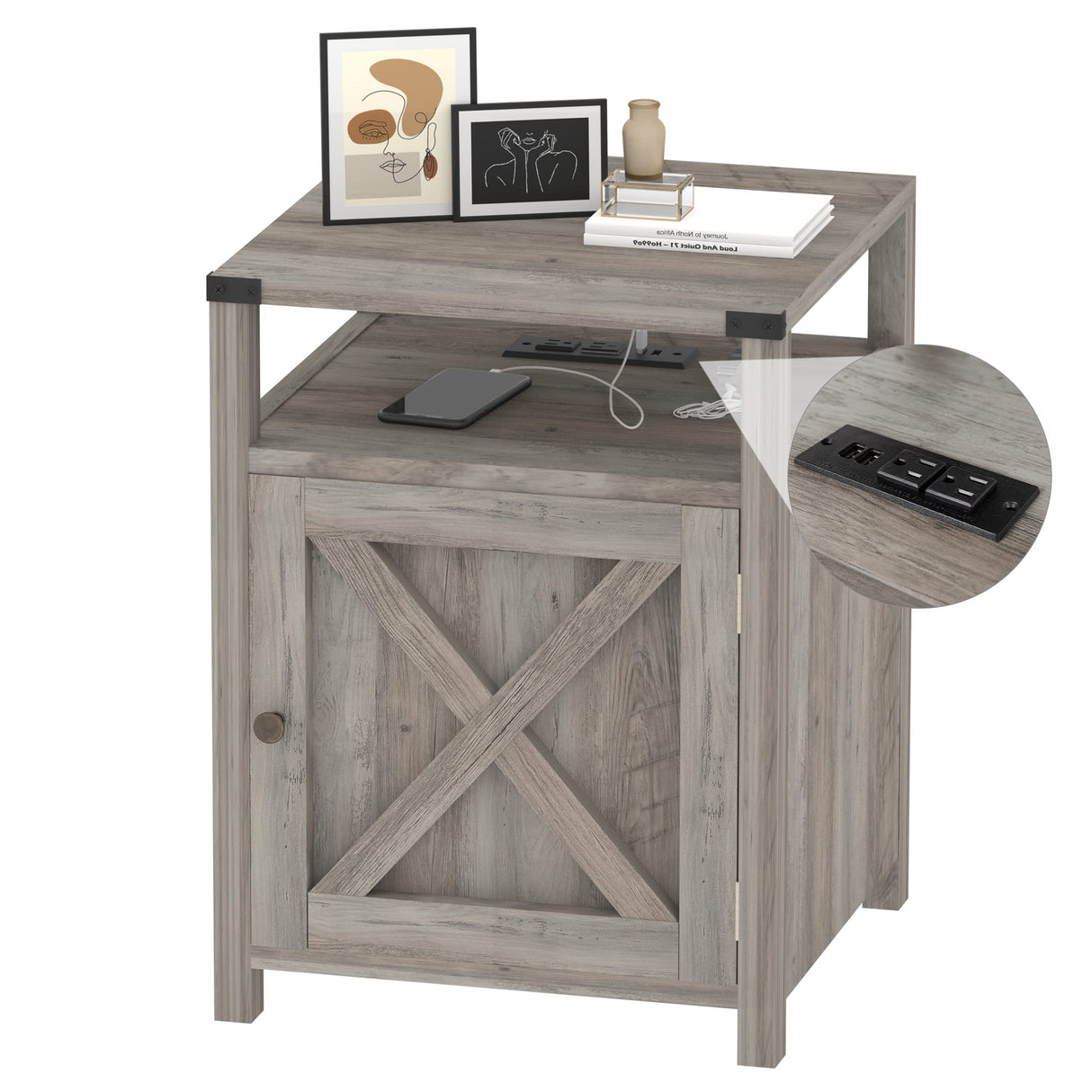 HOSEOKA Farmhouse Nightstand with Charging Station, Rustic End Table Bedroom with Storage Living Room Side Table Grey Night Stand Industrial Bedside Bed Table with USB Ports and Outlets HOSEOKA