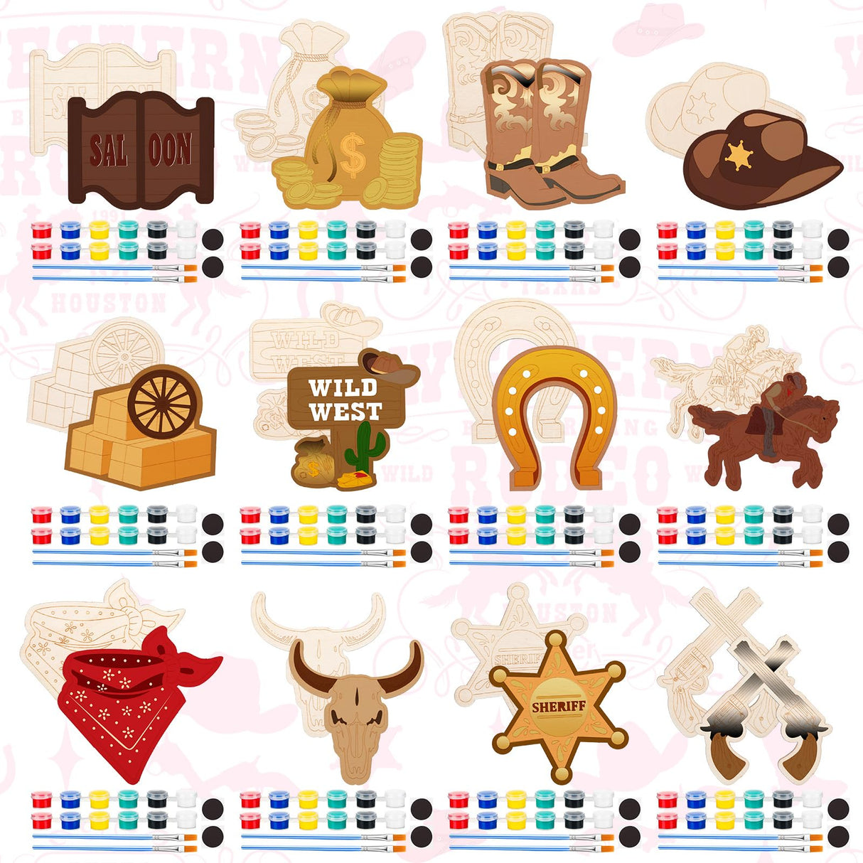 JellyArch 24 Pcs West Cowboy Painting Kits Unfinished Wood Hat Boots Cutouts DIY Wooden Painting Bulk Crafts for Adults West Cowboy Cutouts Refrigerator Magnets for Home Decoration JellyArch