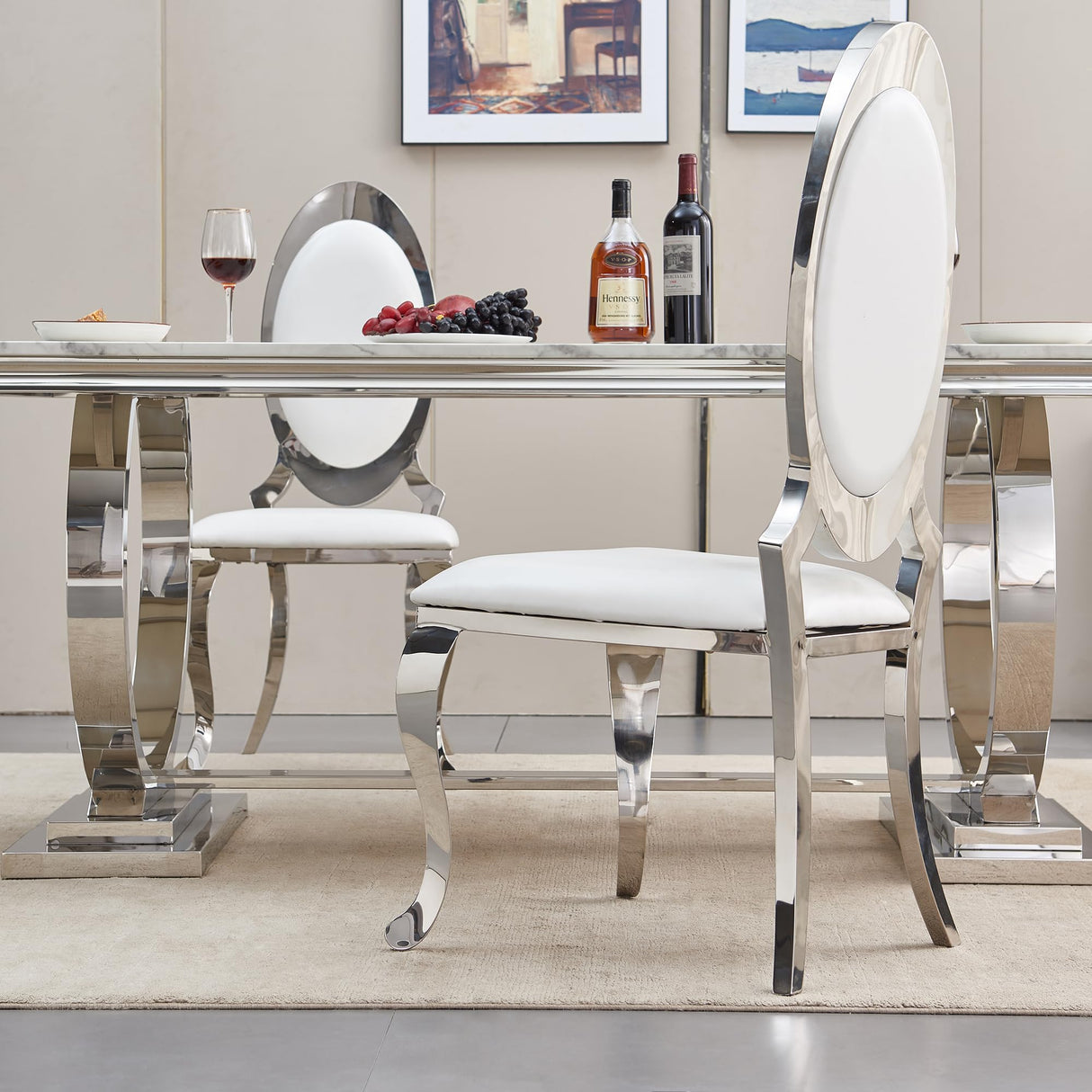 70'' Marble Dining Table for 8 People, Rectangle Faux Marble Dining Table with Silver Mirrored Finish Stainless Steel Base, Modern Marble Kitchen Table for Living Room Home Office AF ARTISAN FURNITURE