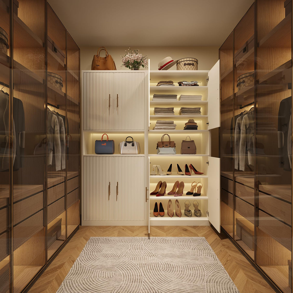 Epecoya 66-Inch Tall Shoe Cabinet with Fluted Door and LED Light for Entryway, Modern Large 9-Tier Freestanding Shoe Storage Organizer with Adjustable Shelves Open Shelf for Closet, Living Room, White Epecoya