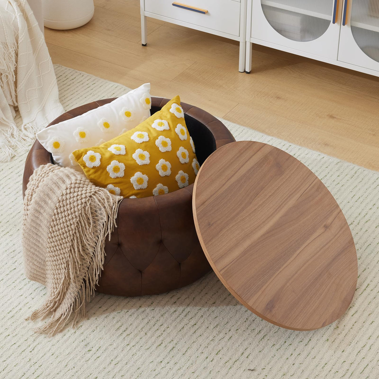 YDcosyfy PU Leather Round Storage Ottoman with Wooden Lid, 25 Inch Tufted Circle Ottoman Footrest Stool Bench Coffee Table for Living Room,Brown YDcosyfy