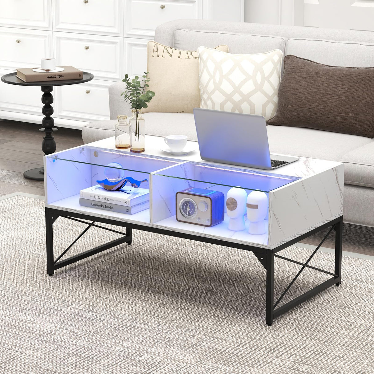Giantex LED Coffee Table, High Gloss Coffee Tables with 4 Storage Cubes, 20-Color Lights, Remote Control, Faux Marble & Tempered Glass Top, Modern Accent Rectangle Center Table for Living Room (White) Giantex