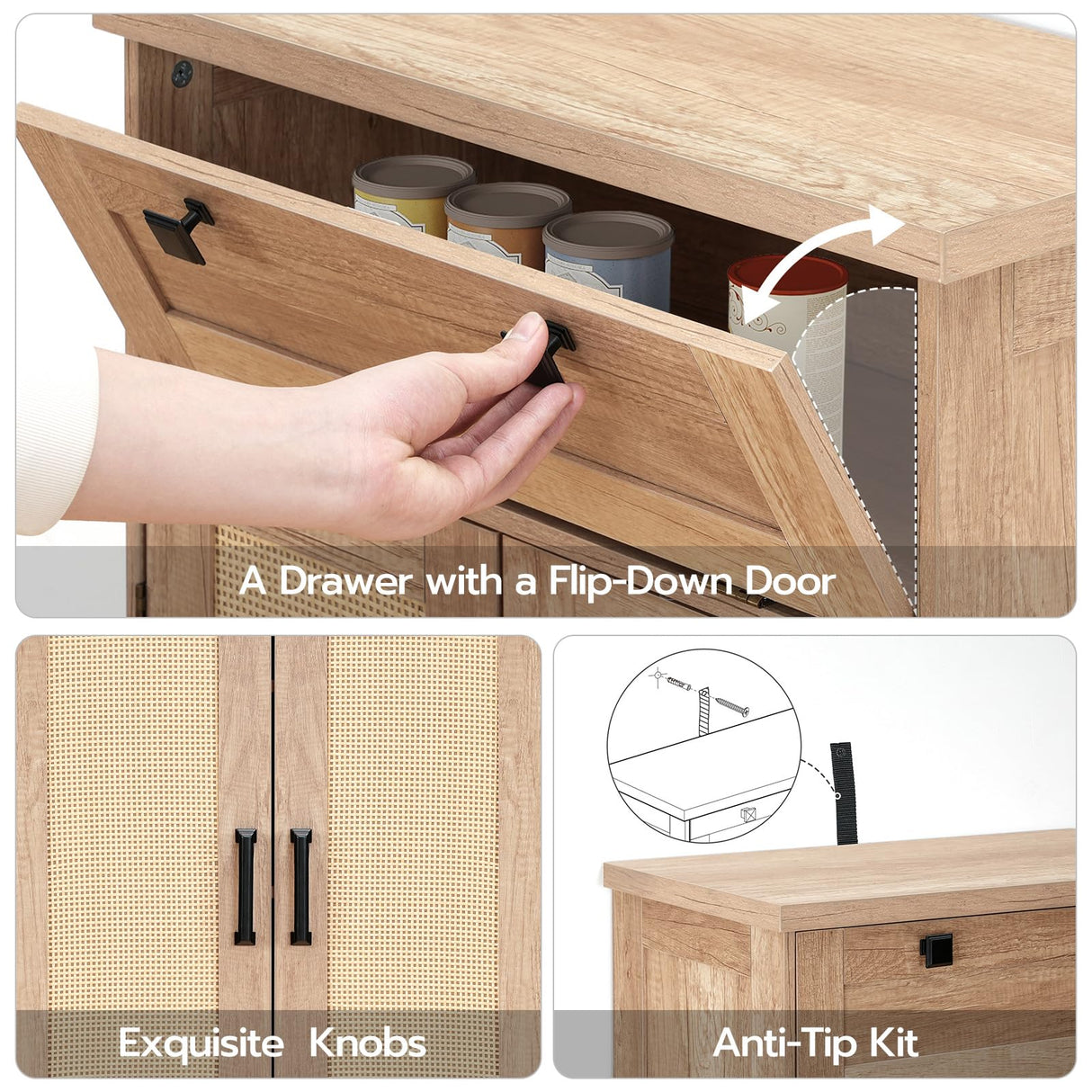 HOOBRO Pantry Cabinet, Kitchen Pantry Cabinet with Rattan-Like Decoration,Storage Cabinet with Drawer and Adjustable Shelf, Farmhouse Style Kitchen Pantry for Kitchen, Dining Room, Natural NL12PC01 HOOBRO