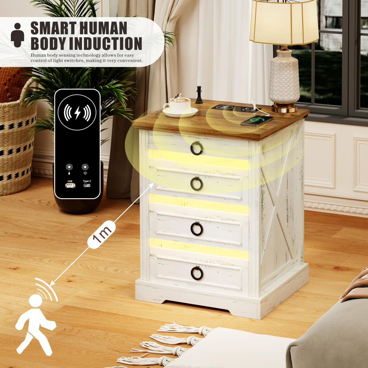 FREDEES Farmhouse Night Stand with Charging Station, Bedside Table with LED Light & Gun Drawer, Nightstands for Bedroom Living Room, End Table Antique White FREDEES