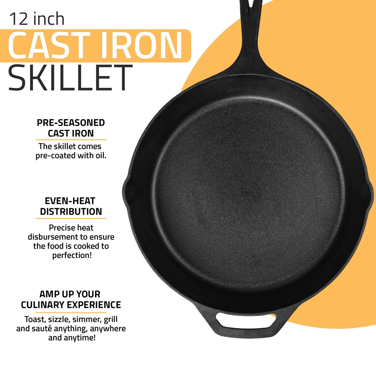 Utopia Kitchen Saute Fry Pan - Chefs Pan, Pre-Seasoned Cast Iron Skillet - Frying Pan 12 Inch - Safe Grill Cookware for Indoor & Outdoor Use - Cast Iron Pan - Cooking Gifts for Men & Women (Black) Utopia Kitchen
