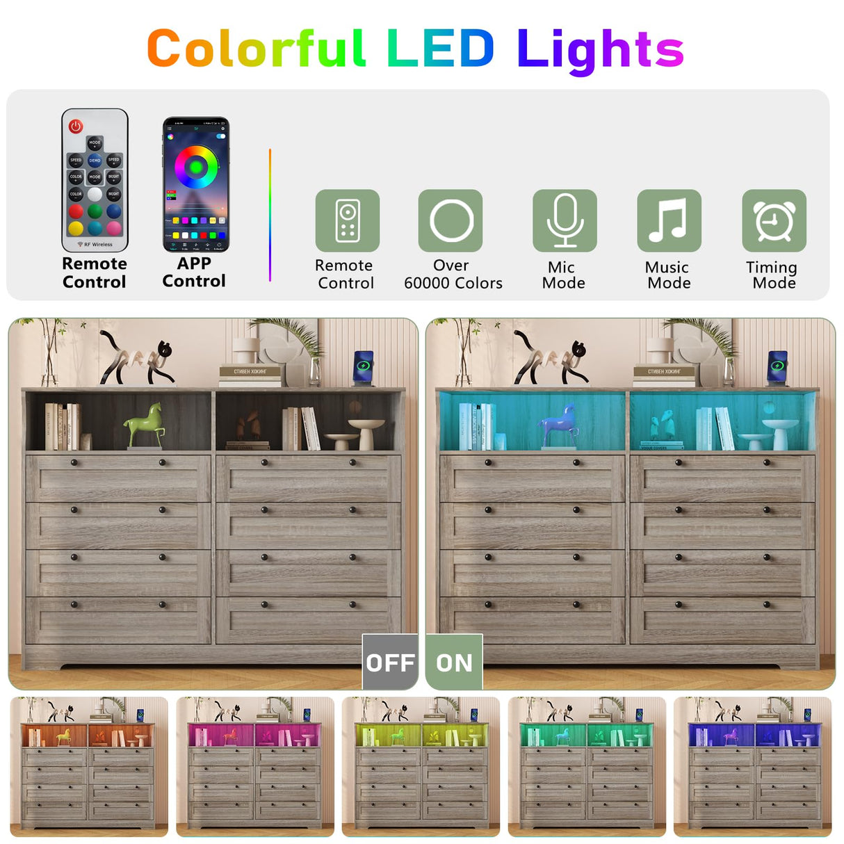 Patikuin Dresser with 8 Drawers, Wood Bedroom Dresser with Charging Station & LED Lights, Modern Dressers & Chest of Drawers for Bedroom, Living Room, Hallway, Entryway, Antique Light Color Patikuin