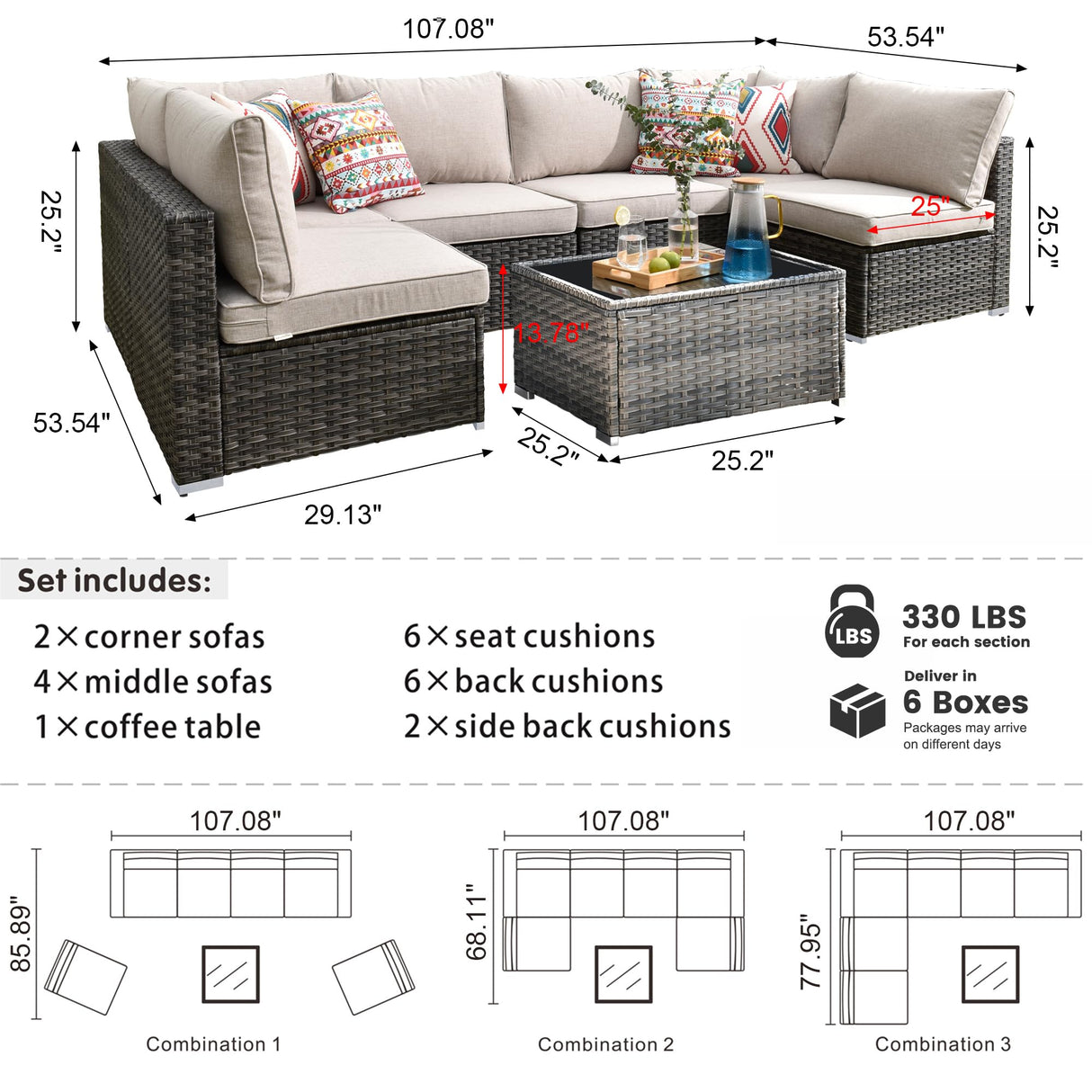 HOOOWOOO Patio Outdoor Sectional Furniture Sofa Set,7 Piece U Shaped Corner Wicker Rattan Couch Set,Rustic 6 Persons Summer Patio Conversation Set for Outside Porch Deck Garden(Beige Tan) HOOOWOOO