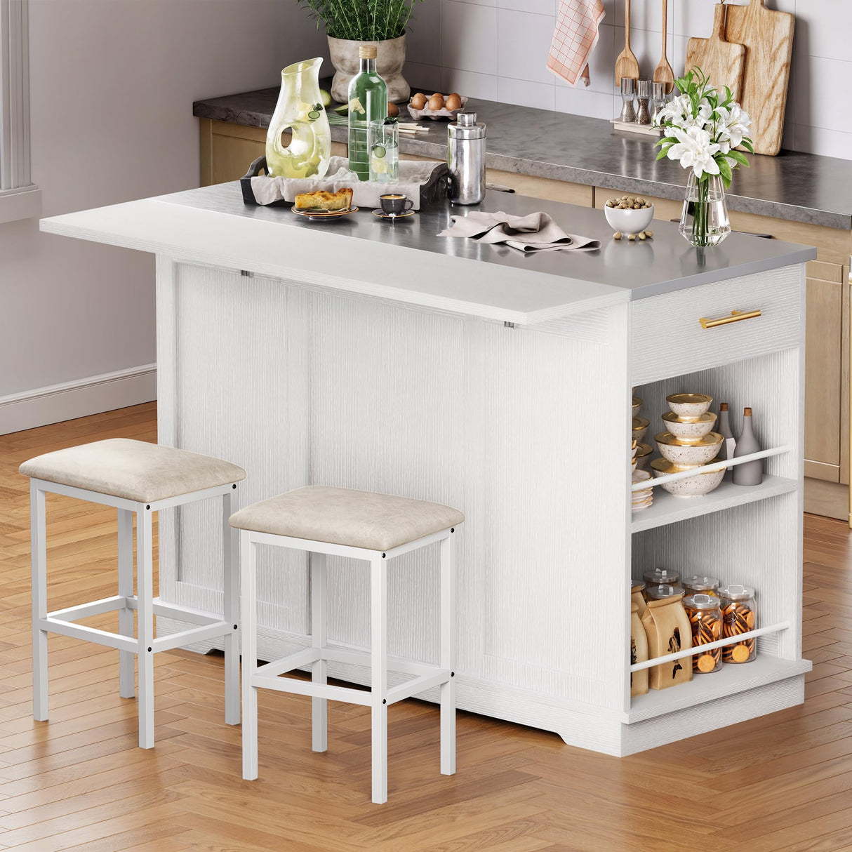 YITAHOME Kitchen Islands with Seating, 47" Mobile Storage Island with Drop Leaf, Rolling Island Table with Tilt Out Trash Can Cabinet, Home Bar Table Include 2 Chairs, Side Spice Rack & Drawer, White YITAHOME