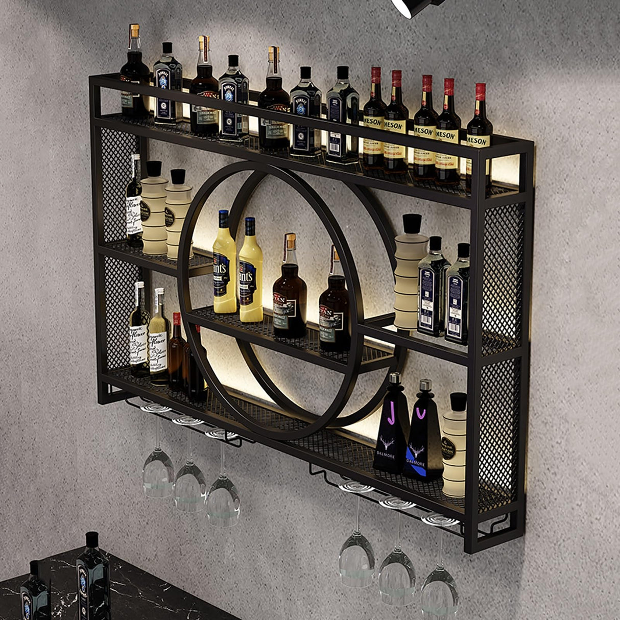 Modern Wine Storage Rack Wall Mounted With LED Light With Wine Glass Holder,Iron Bar Liquor Shelf,Floating Wall Wine Shelves,Bar Liquor Bottle Display Shelf For Kitchen Bar Decoration Gold/Black ( Col AKOGG