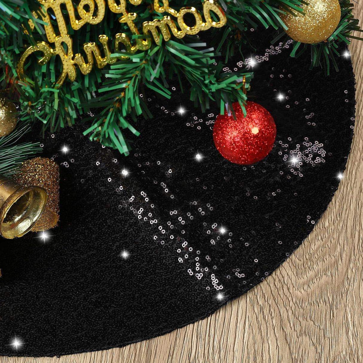 MACTING Christmas Tree Skirt 30 Inch Small Black Glitter Sequin Tree Mat Sparkly Tree Base Cover for Farmhouse Holiday Party Indoor Home New Year Xmas Tree Decorations MACTING