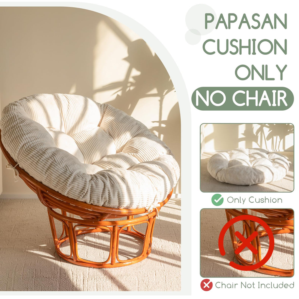 HIGOGOGO Papasan Chair Cushion with Corduroy Cover (Without Chair), 48 x 48 Inch Supportive Cushion, Overstuffed Chair Cushion,Beige HIGOGOGO
