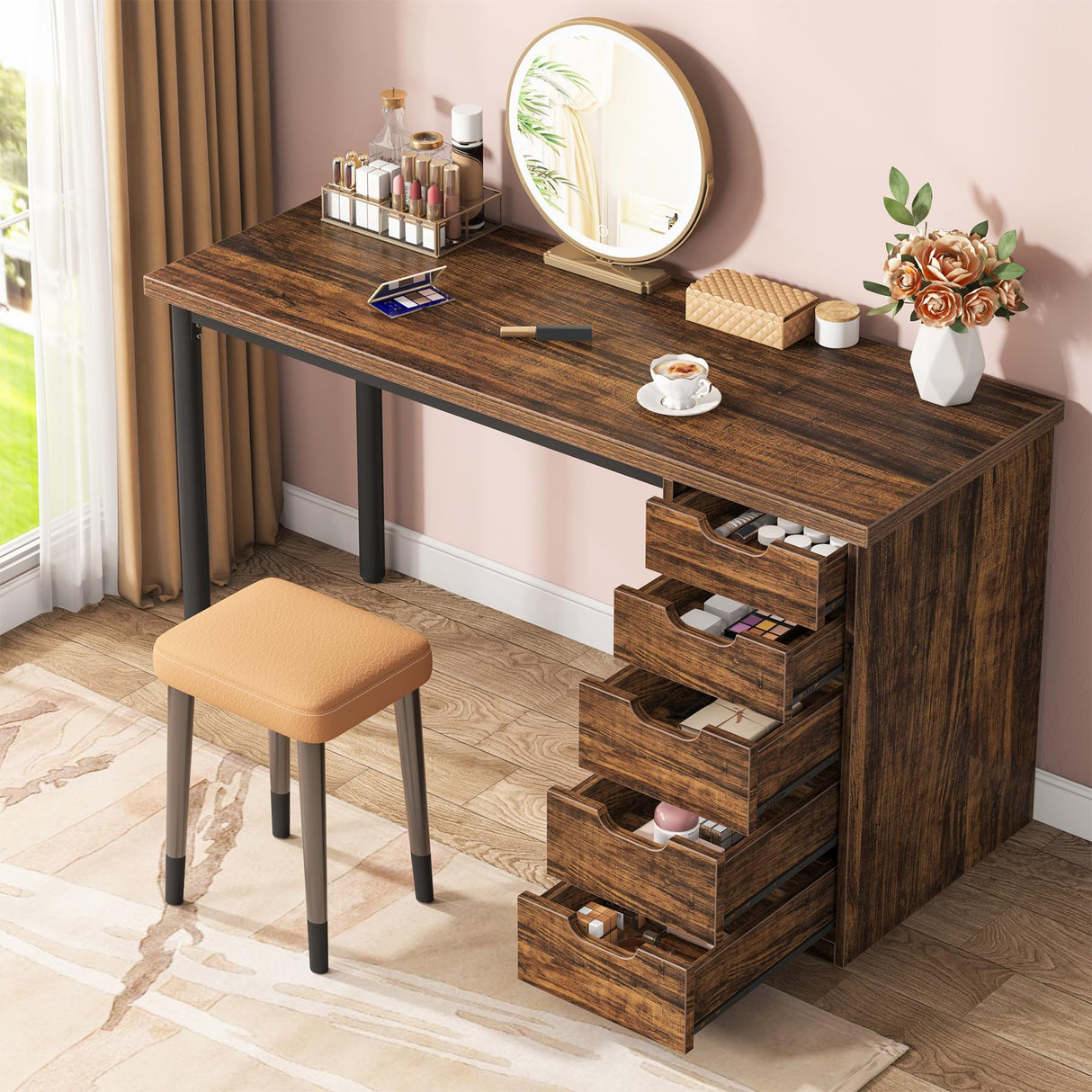 Tribesigns 47 inches Vanity Desk with 5 Drawers (Brown+Brown) Tribesigns