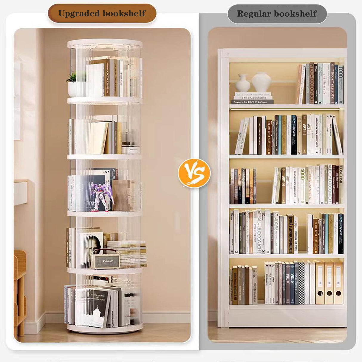 LXSJCYGJ 5 Tier Rotating Bookshelf Tower, 360° Rotating Bookshelf, Space Saving Rotating Bookshelves, Revolving Bookcase Suitable for Bedrooms, Living Rooms, Studies and Offices, White, Lazy Susan LXSJCYGJ